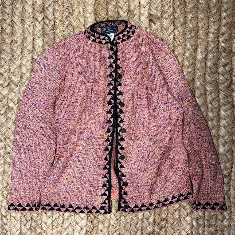NEW South Cotton Chic Pink Tweed Sweater Jacket with Black Trim Medium